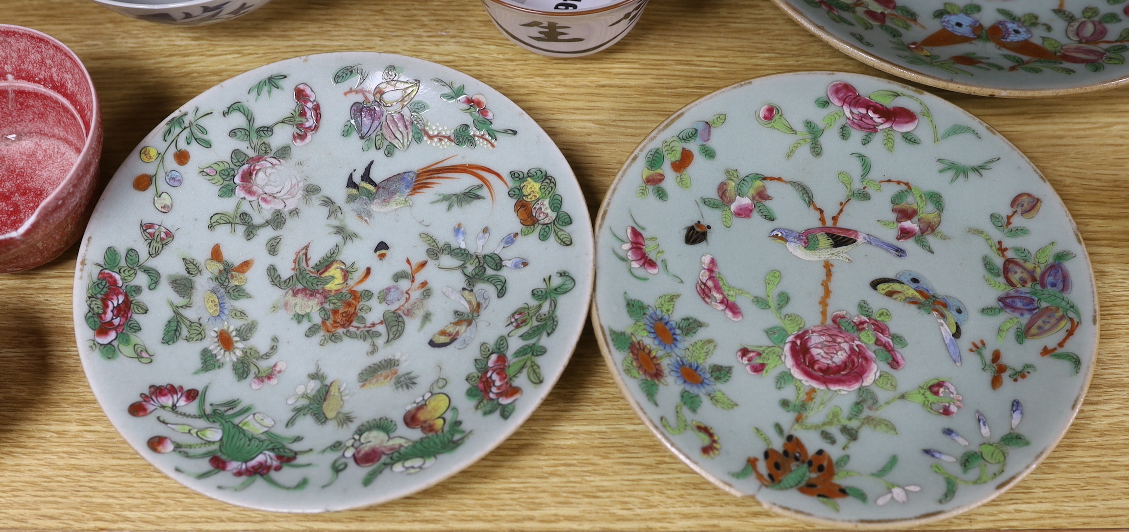 Three Chinese famille verte dishes, various bowls and tea bowls and a cup